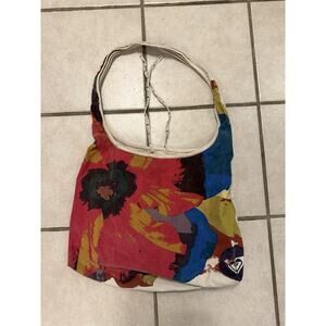 Vintage Roxy Y2K Canvas Hobo Bag Colorful Floral Poppy Print Shoulder Purse Surf